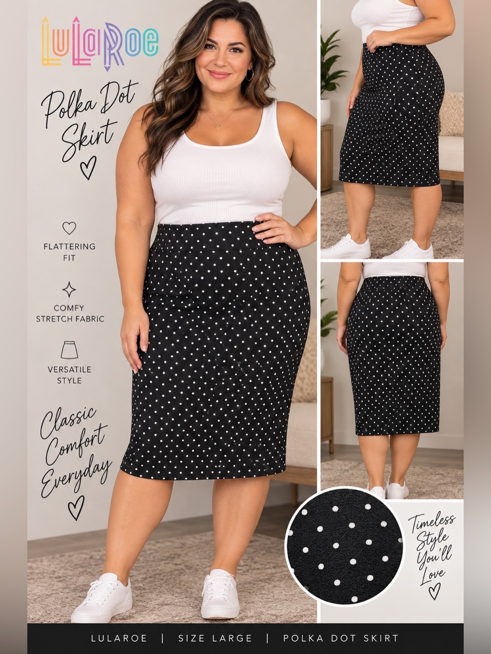 LuLaRoe Cassie Skirt Large L Black White Polka Dot Pencil Skirt Stretch
